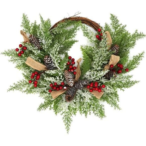 Christmas Artificial Wreath for Front Door, Outdoor Christmas Wreath Flocked - Picture 2 of 7
